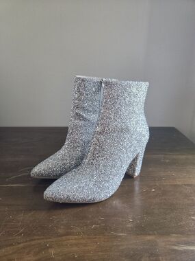 SHEIN Silver Glitter Pointed Ankle Booties with Block Heel
